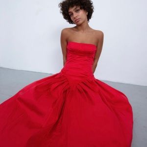 T Label strapless silk dress with corset bodice and drop waist